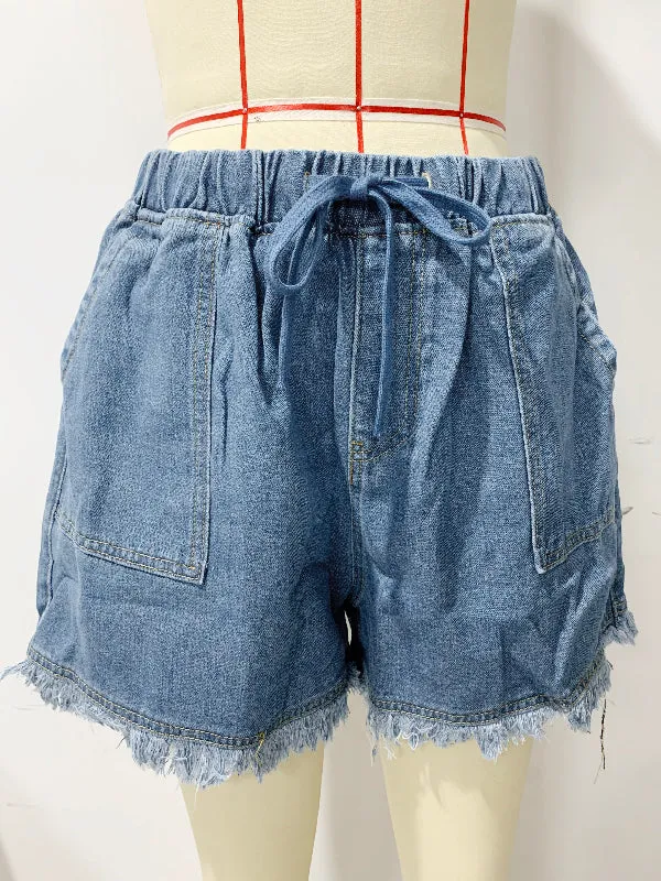 10 Colors Casual Drawstring High Waisted Denim Fringed Shorts