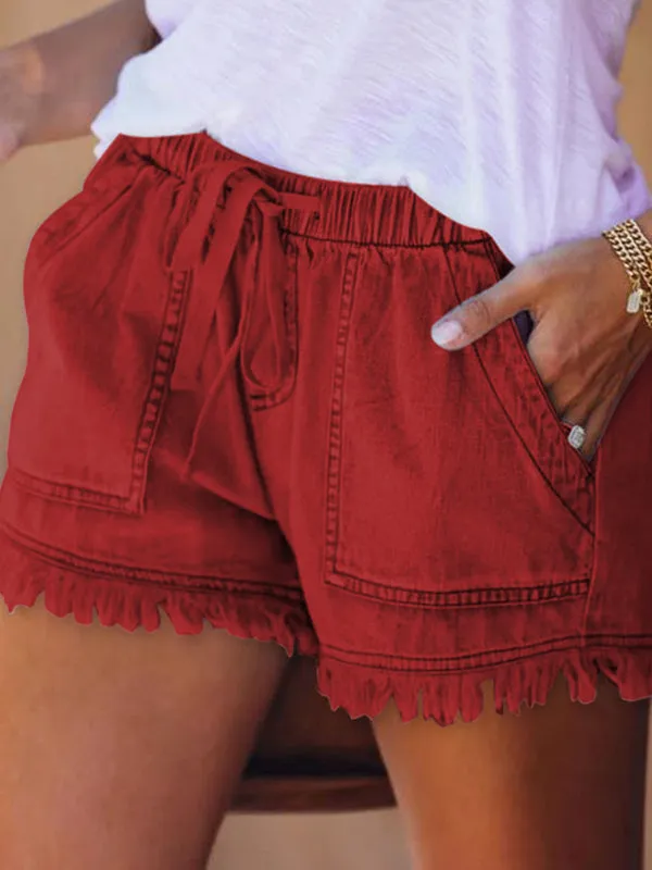 10 Colors Casual Drawstring High Waisted Denim Fringed Shorts