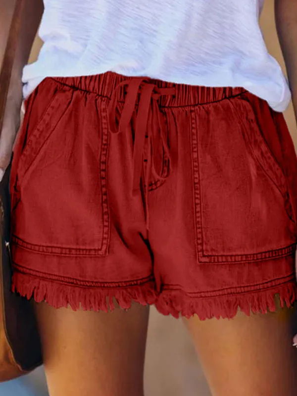 10 Colors Casual Drawstring High Waisted Denim Fringed Shorts