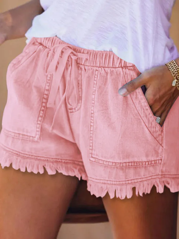 10 Colors Casual Drawstring High Waisted Denim Fringed Shorts