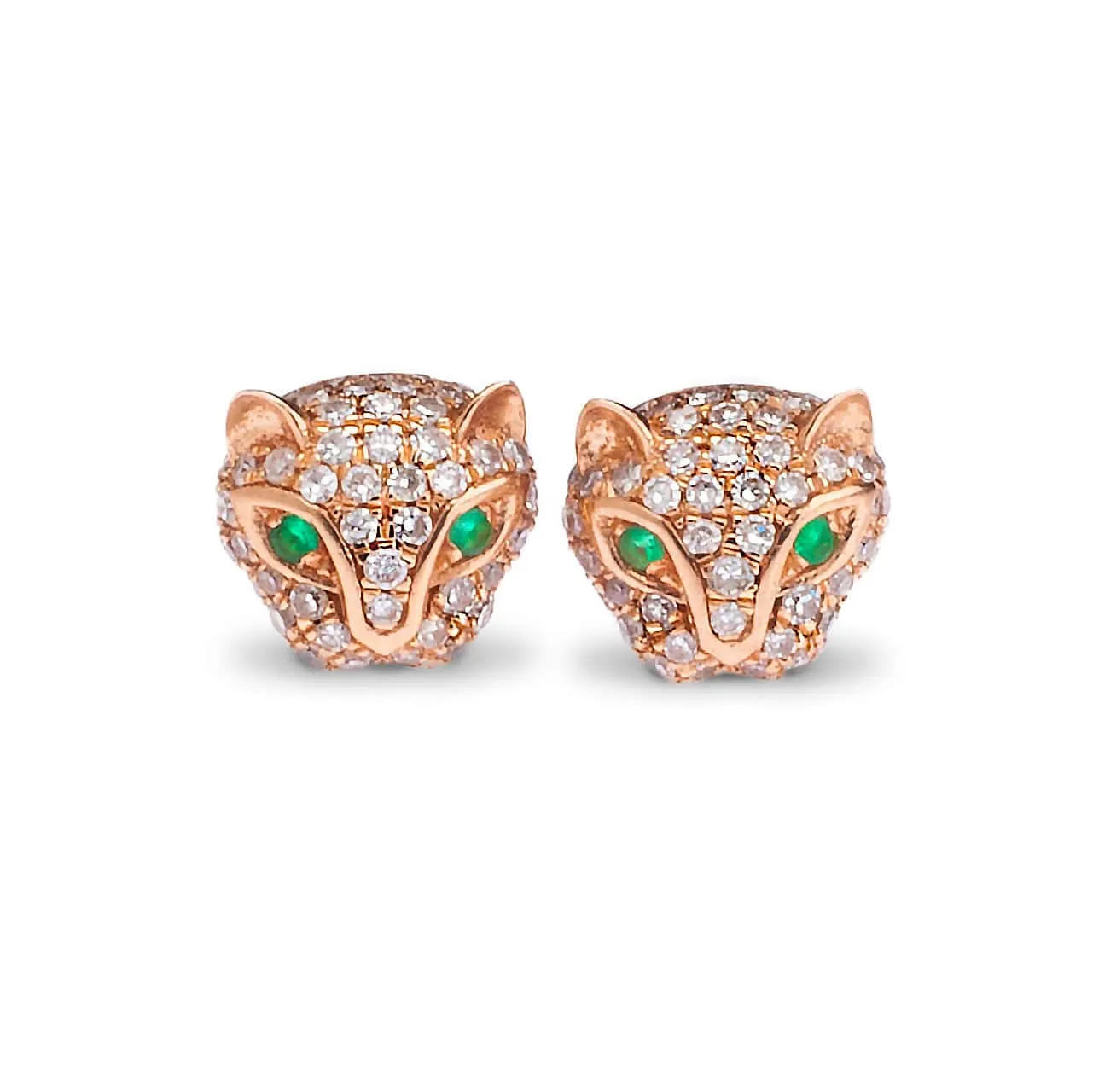 14K Gold Panther Stud Earrings with Emerald Eyes