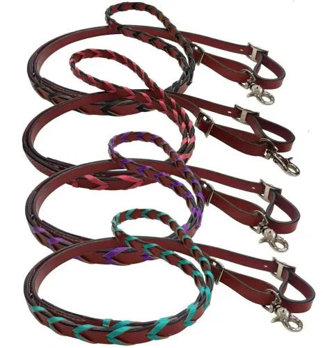 19622 - 8ft leather braided rein with colored lacing.