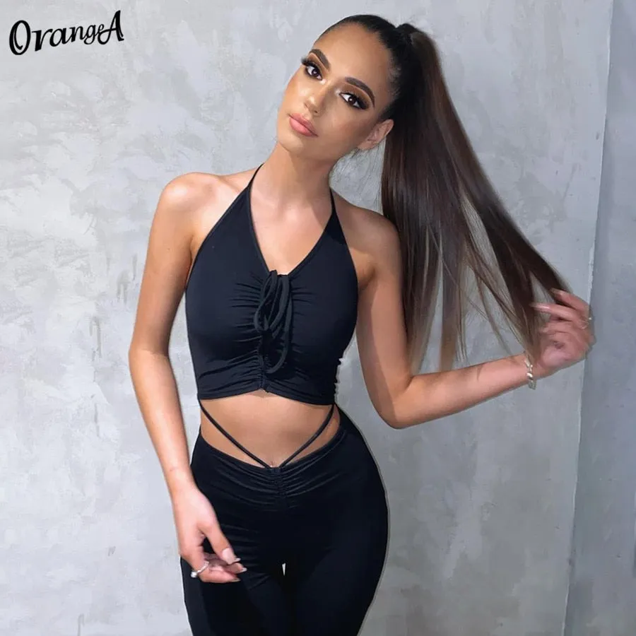 2 Piece Halter bandage v-neck sleeveless ruched tops sweatpants matching clubwear stretchy skinny bodycon Set