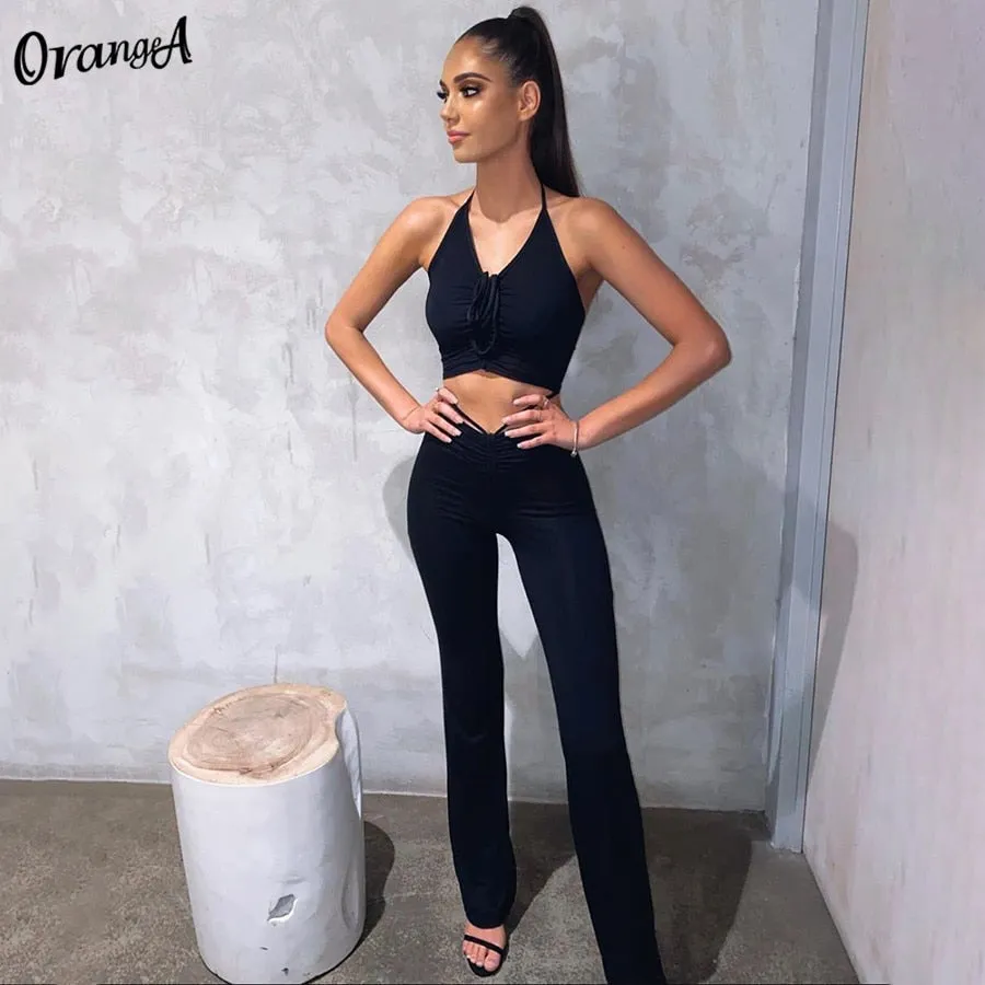 2 Piece Halter bandage v-neck sleeveless ruched tops sweatpants matching clubwear stretchy skinny bodycon Set