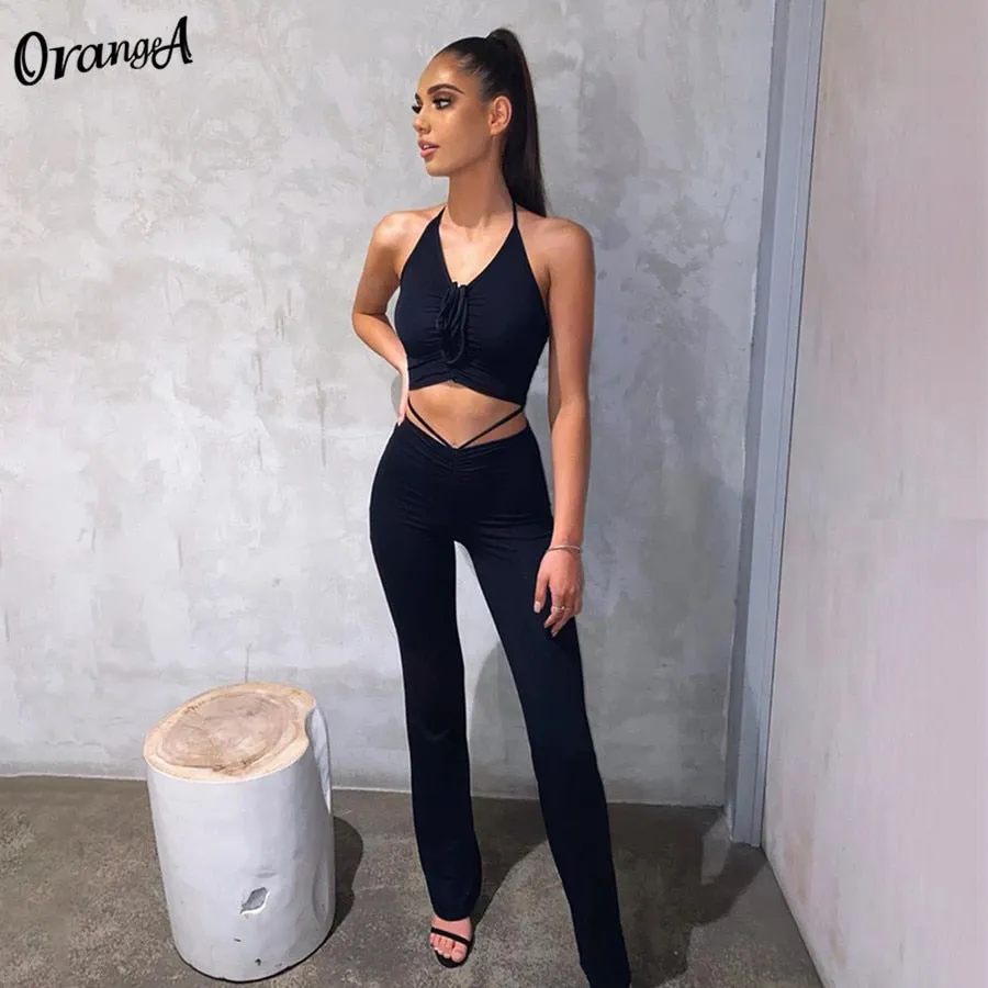 2 Piece Halter bandage v-neck sleeveless ruched tops sweatpants matching clubwear stretchy skinny bodycon Set