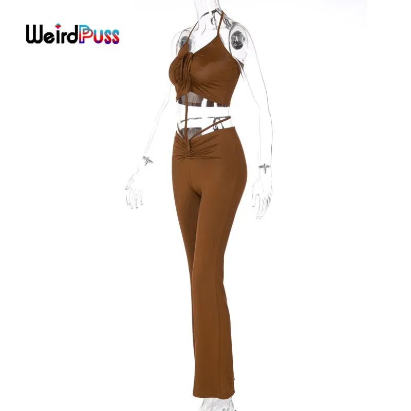 2 Piece Halter bandage v-neck sleeveless ruched tops sweatpants matching clubwear stretchy skinny bodycon Set