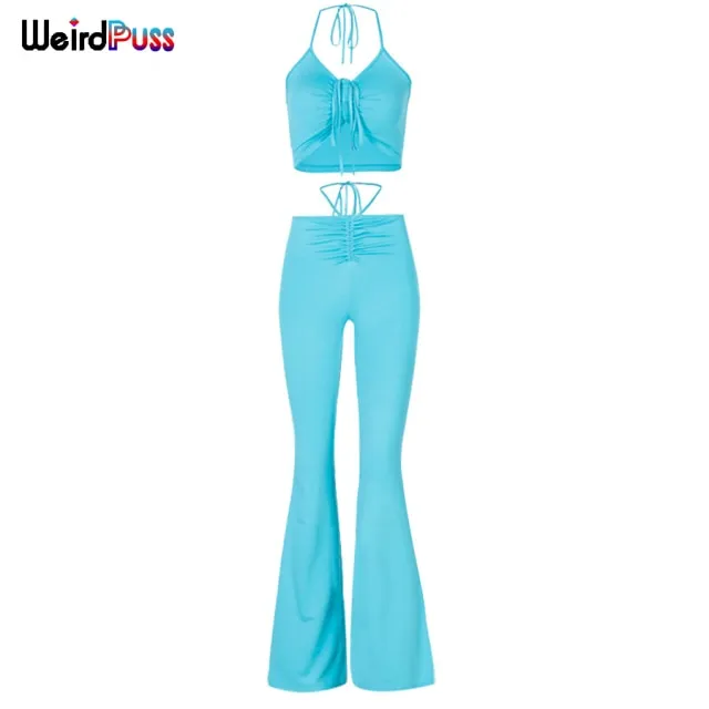 2 Piece Halter bandage v-neck sleeveless ruched tops sweatpants matching clubwear stretchy skinny bodycon Set