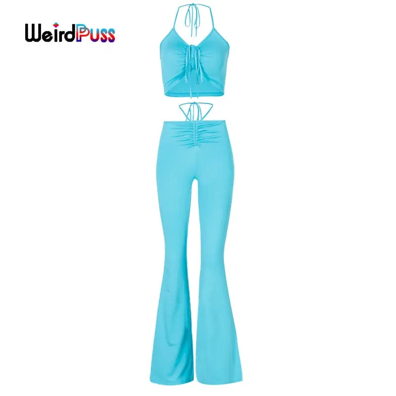 2 Piece Halter bandage v-neck sleeveless ruched tops sweatpants matching clubwear stretchy skinny bodycon Set