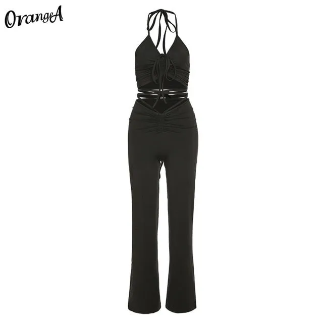 2 Piece Halter bandage v-neck sleeveless ruched tops sweatpants matching clubwear stretchy skinny bodycon Set