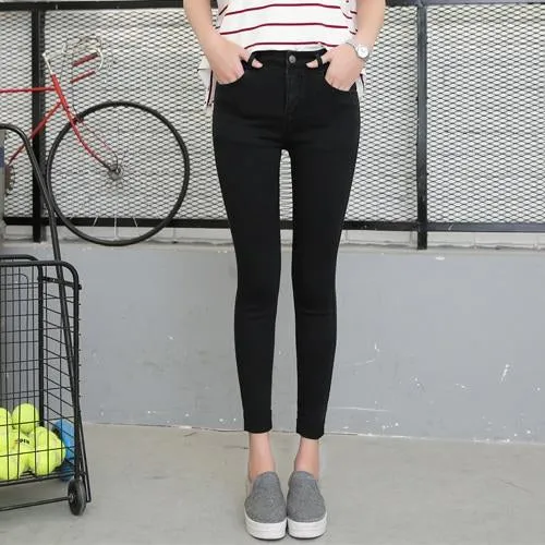 2017 Spring Autumn Women Ankle-Length Cuffs Black Jeans Students Stretch Skinny Female Slim Pencil Pants Denim Ladies Trousers