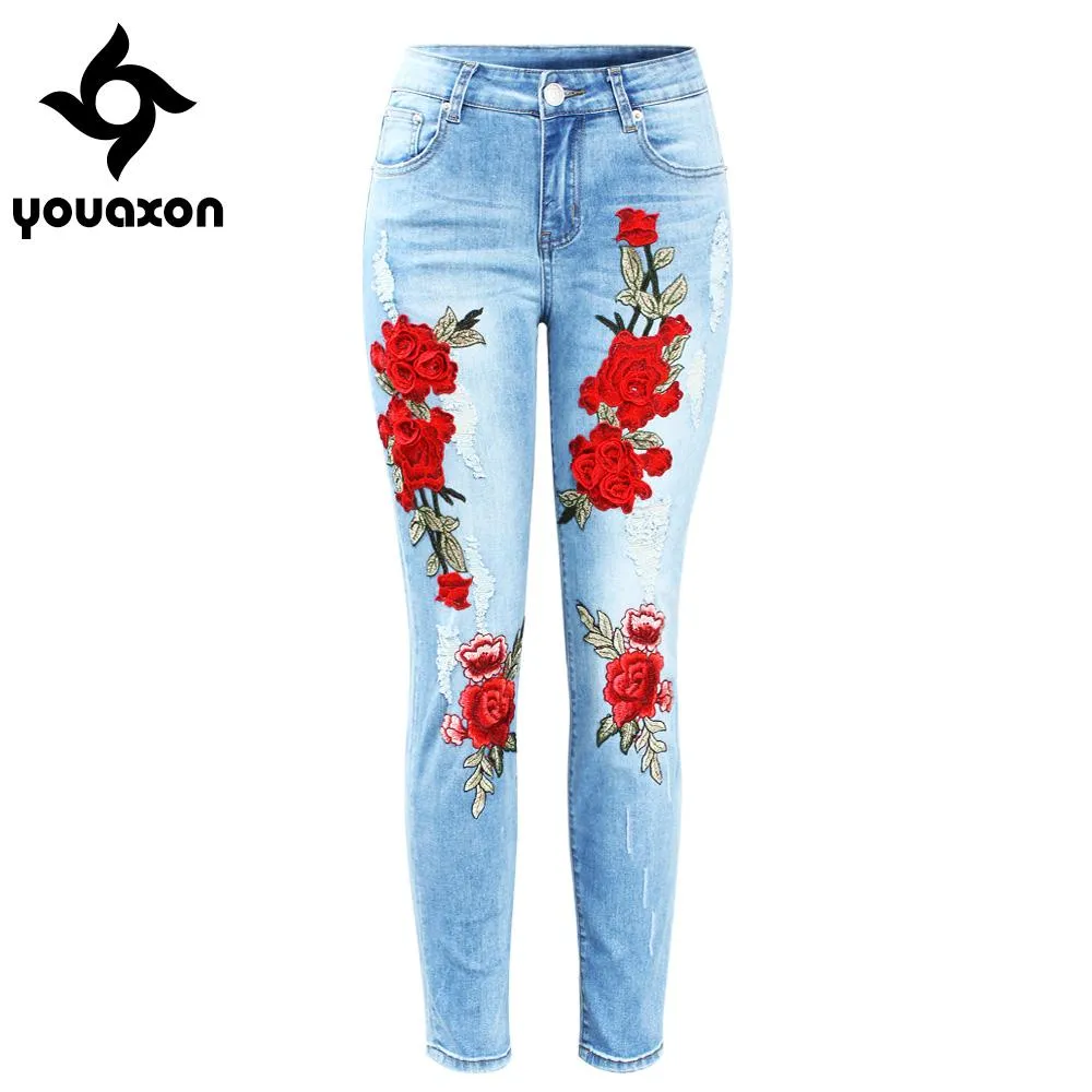 2126 Youaxon New Plus Size Stretchy Ripped Jeans With Scuffs 3D Embroidery Flowers Woman Denim Pants Trousers For Women Jeans