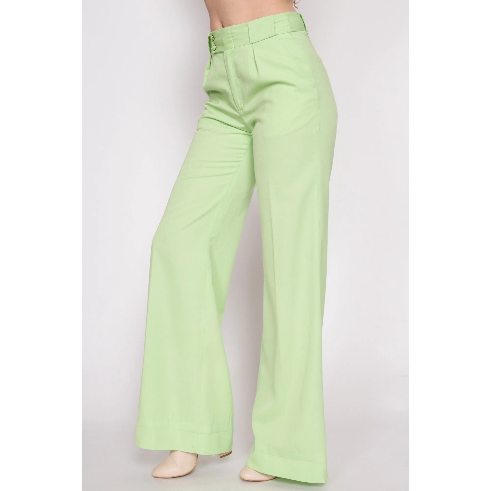 70s Pastel Green High Waisted Bell Bottoms - Petite Medium