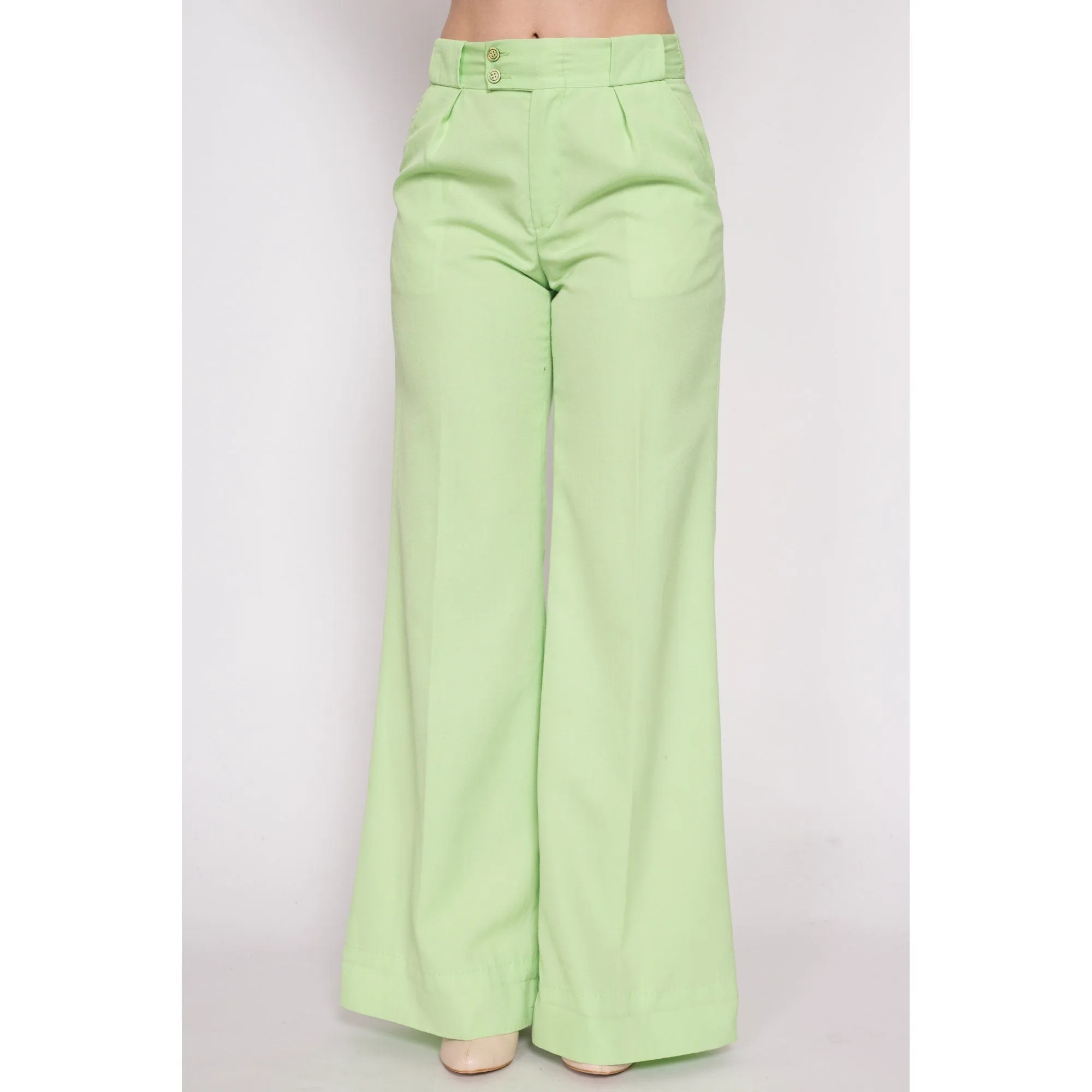 70s Pastel Green High Waisted Bell Bottoms - Petite Medium