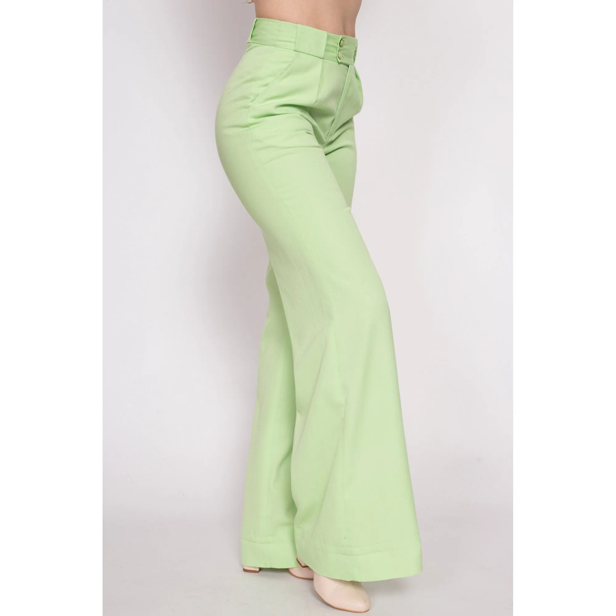 70s Pastel Green High Waisted Bell Bottoms - Petite Medium