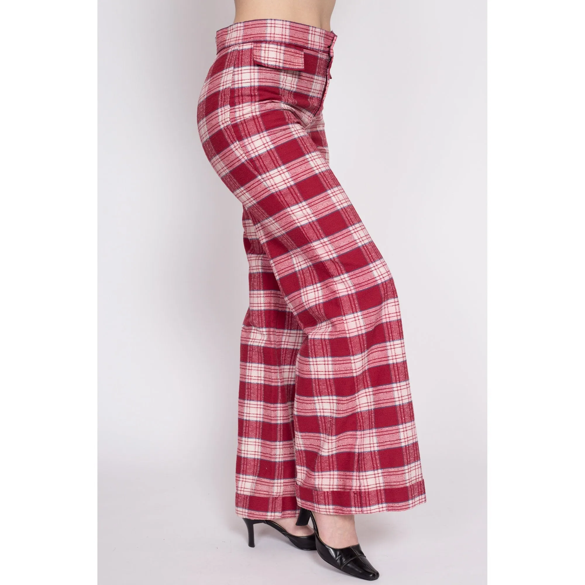 70s Red Plaid High Waisted Pants - Men's Small, Women's Medium, 31"