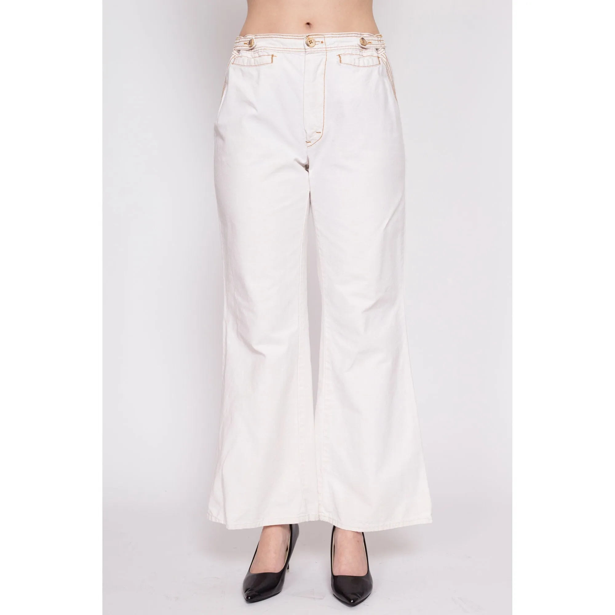 70s White Cotton Contrast Stitch Bell Bottoms - Men's Small, Women's Medium