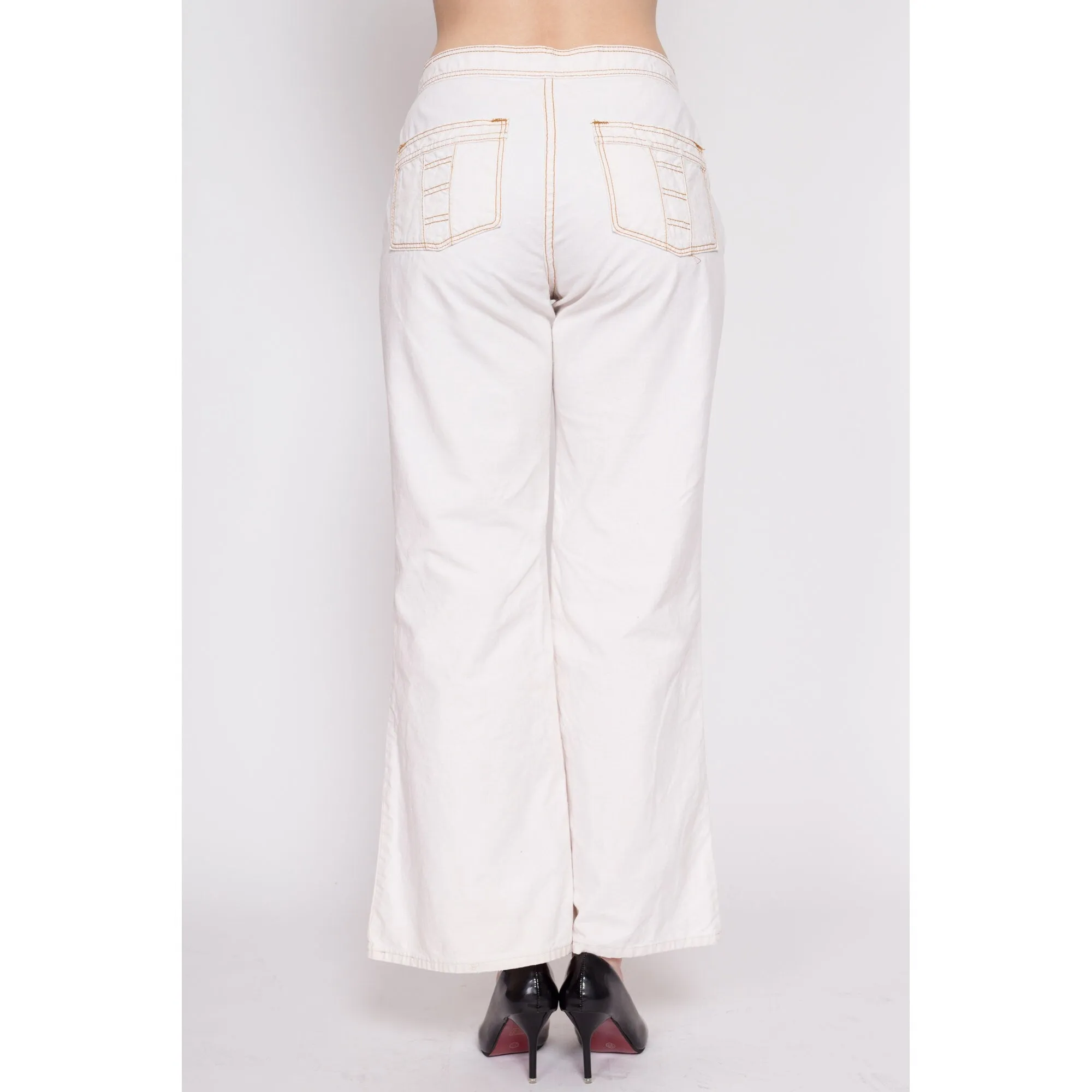 70s White Cotton Contrast Stitch Bell Bottoms - Men's Small, Women's Medium