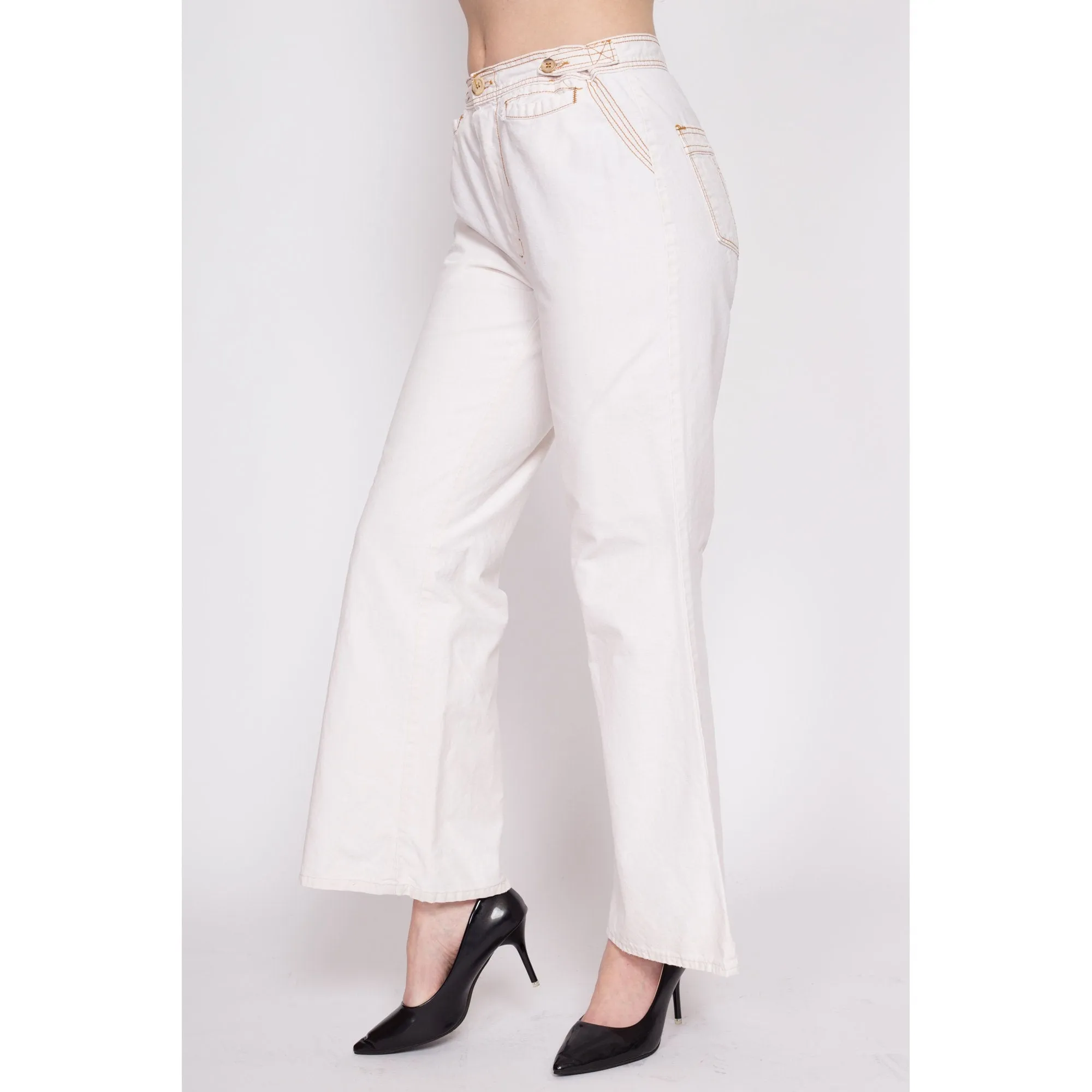 70s White Cotton Contrast Stitch Bell Bottoms - Men's Small, Women's Medium