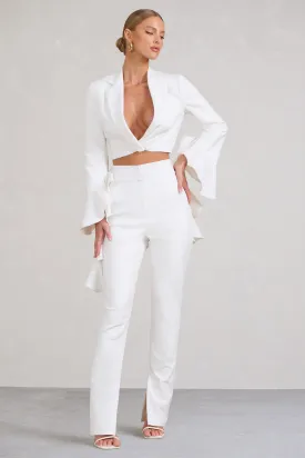 Addilyn | White Cotton-Blend Tailored Straight-Leg Split Trousers