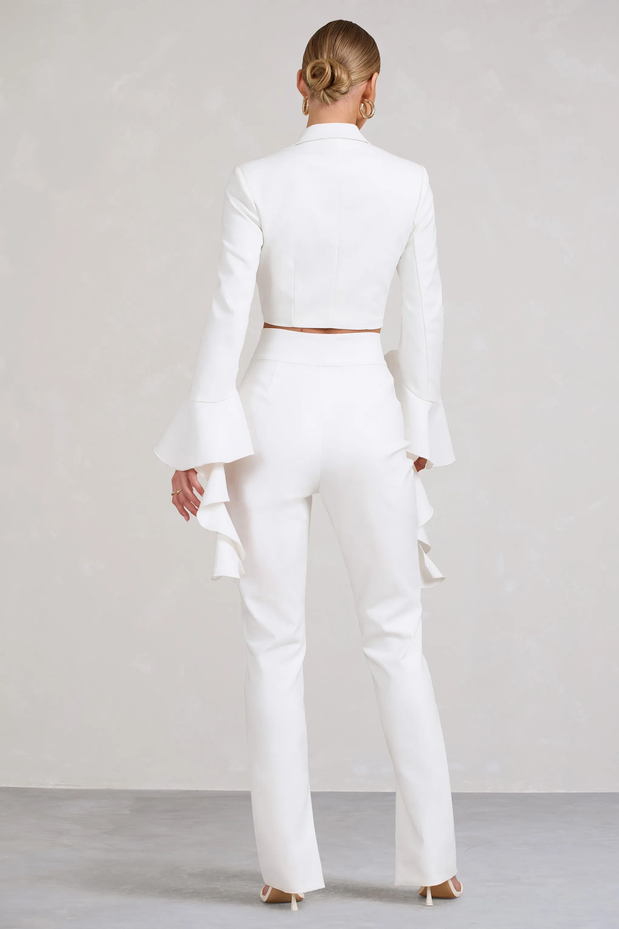 Addilyn | White Cotton-Blend Tailored Straight-Leg Split Trousers