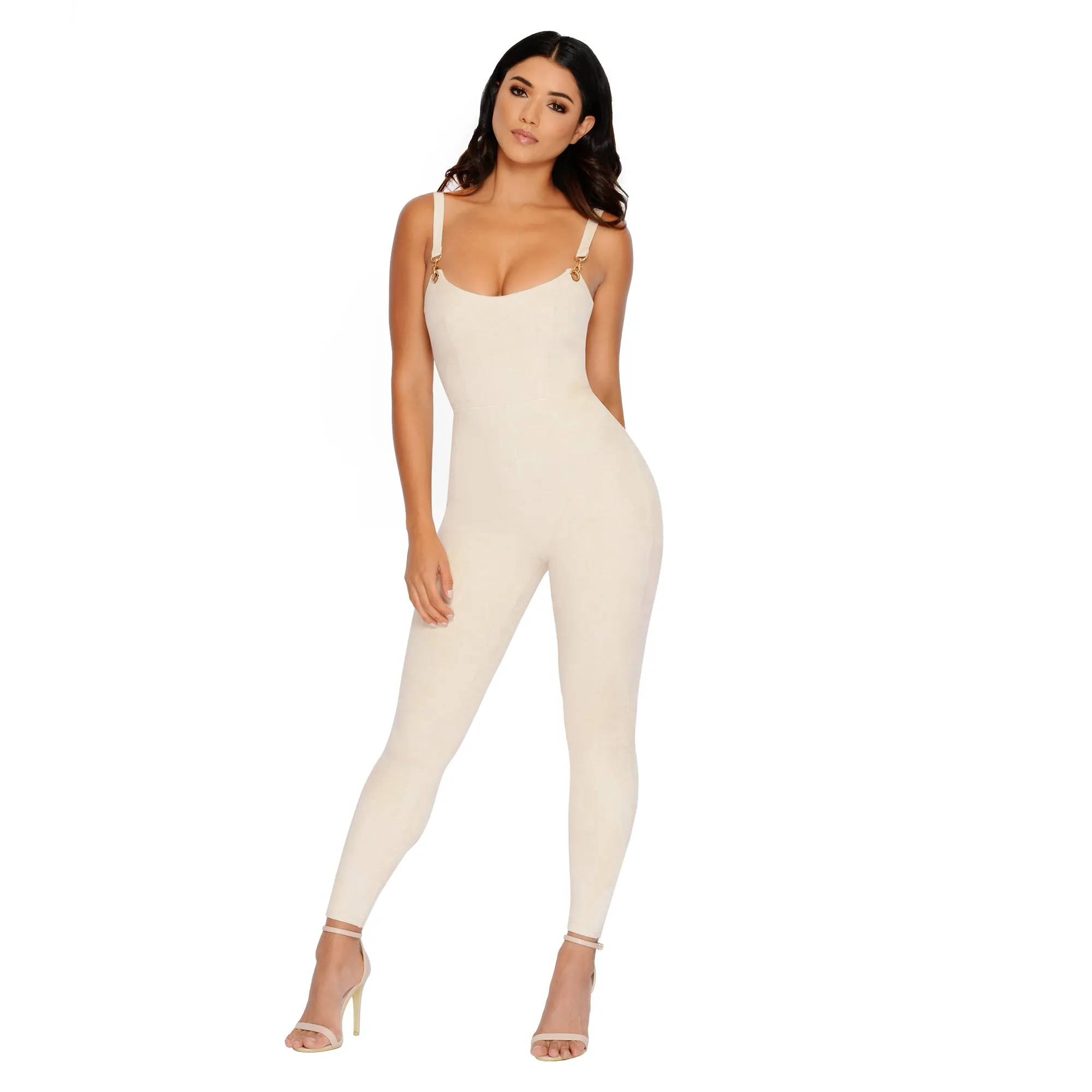 All In One Suede Plunge Ankle Length Jumpsuit in Cream