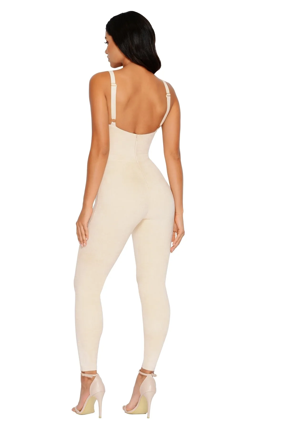 All In One Suede Plunge Ankle Length Jumpsuit in Cream