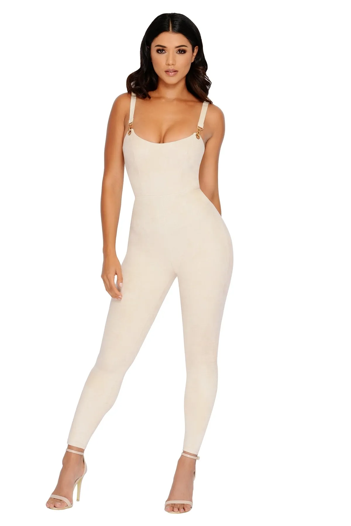 All In One Suede Plunge Ankle Length Jumpsuit in Cream