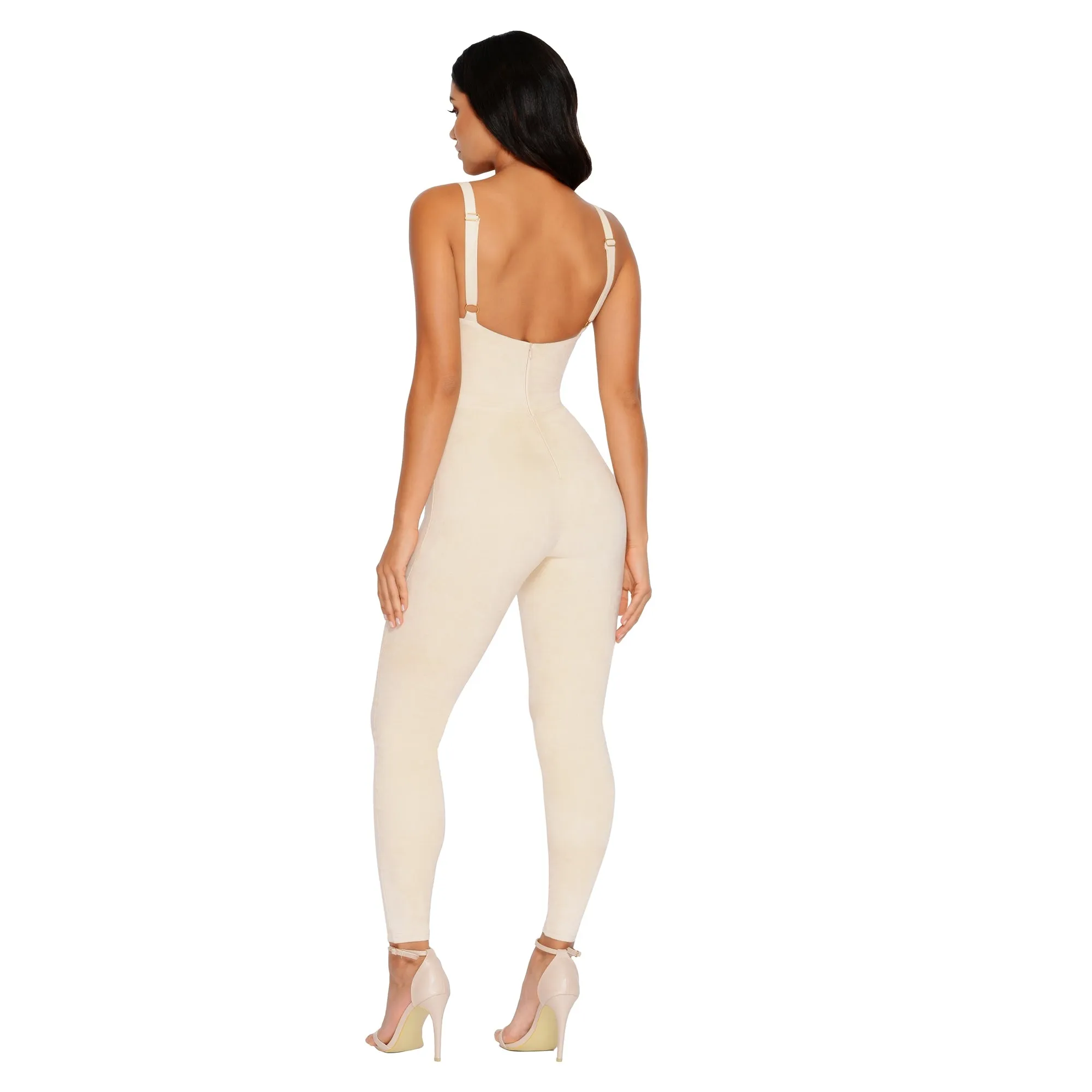 All In One Suede Plunge Ankle Length Jumpsuit in Cream