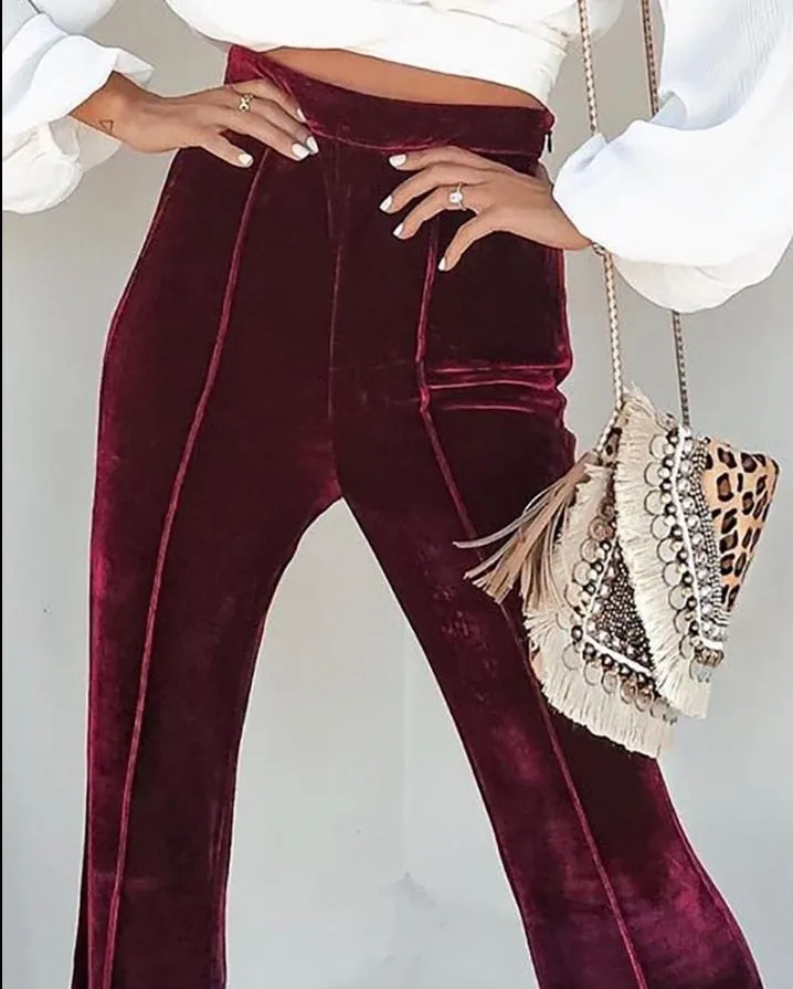 Amy Fashion - Casual Velvet High Waist Flared Pants