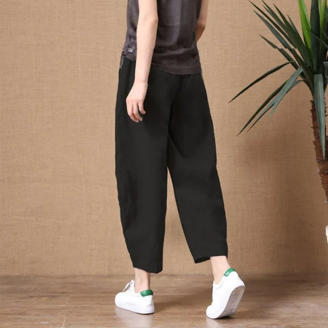 Amy Fashion - Elastic Waist Vintage Lady Loose Casual Pants