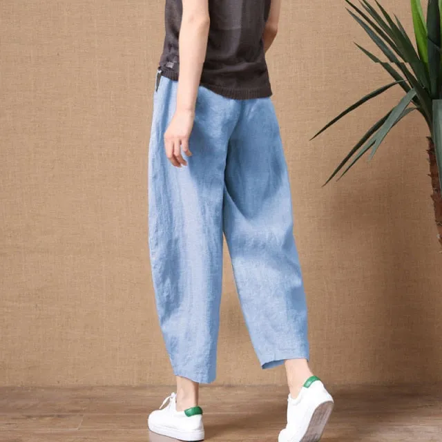 Amy Fashion - Elastic Waist Vintage Lady Loose Casual Pants