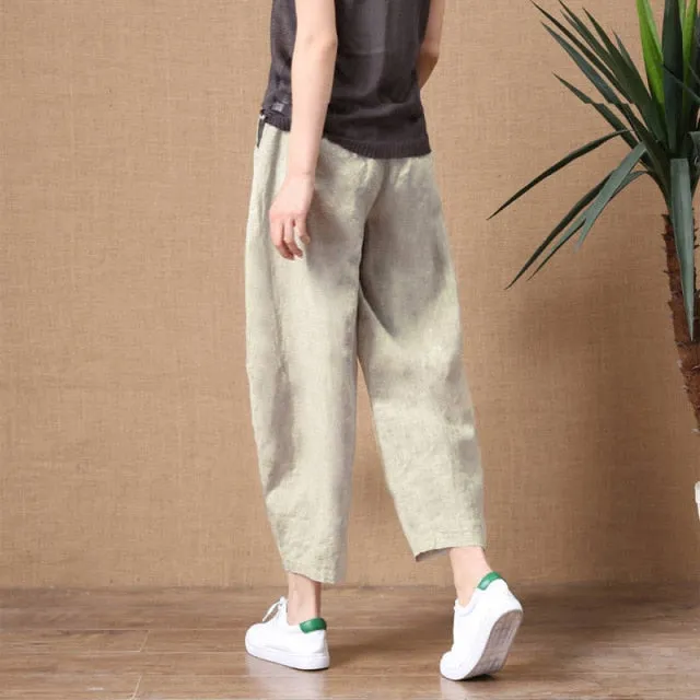 Amy Fashion - Elastic Waist Vintage Lady Loose Casual Pants