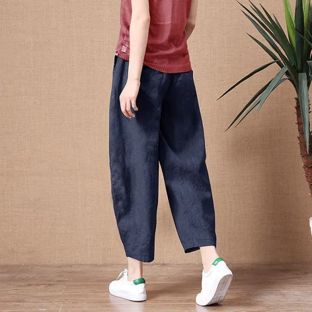 Amy Fashion - Elastic Waist Vintage Lady Loose Casual Pants