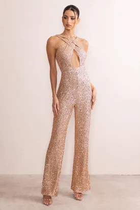 Audrey | Champagne Sequin Cross Front Flared Leg Jumpsuit With Keyhole Detail