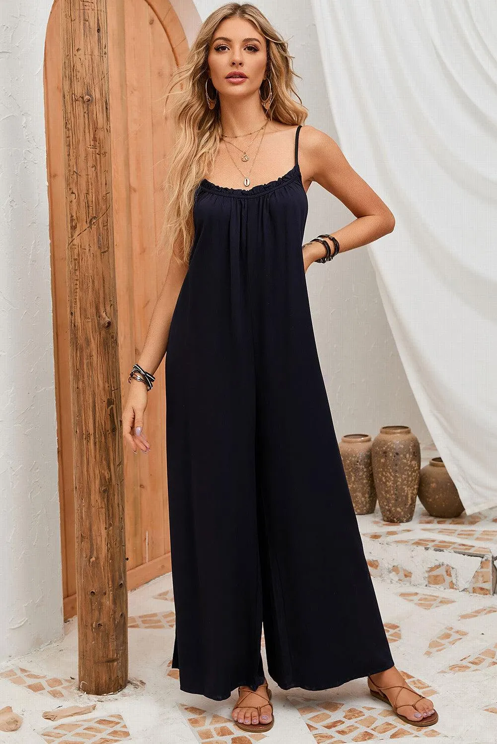 Backless spaghetti Neckline Jumpsuit with Wide Leg