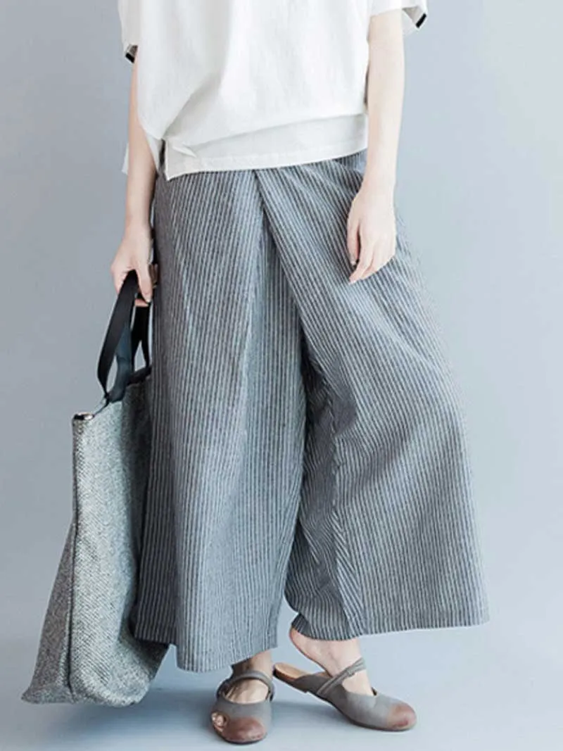 Be Patience Cotton Stripes Wide-Leg Trouser Nine-Point Pants