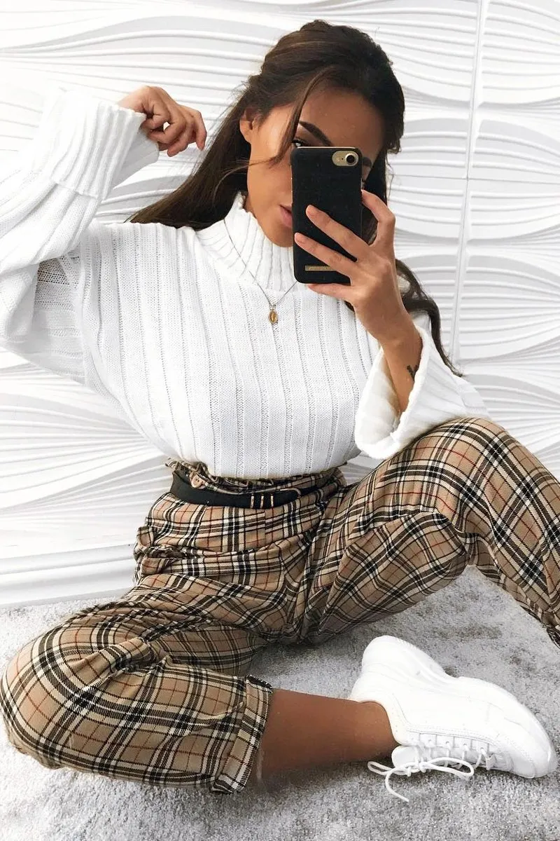 Beige Check Frill Detail Trousers - Bristal