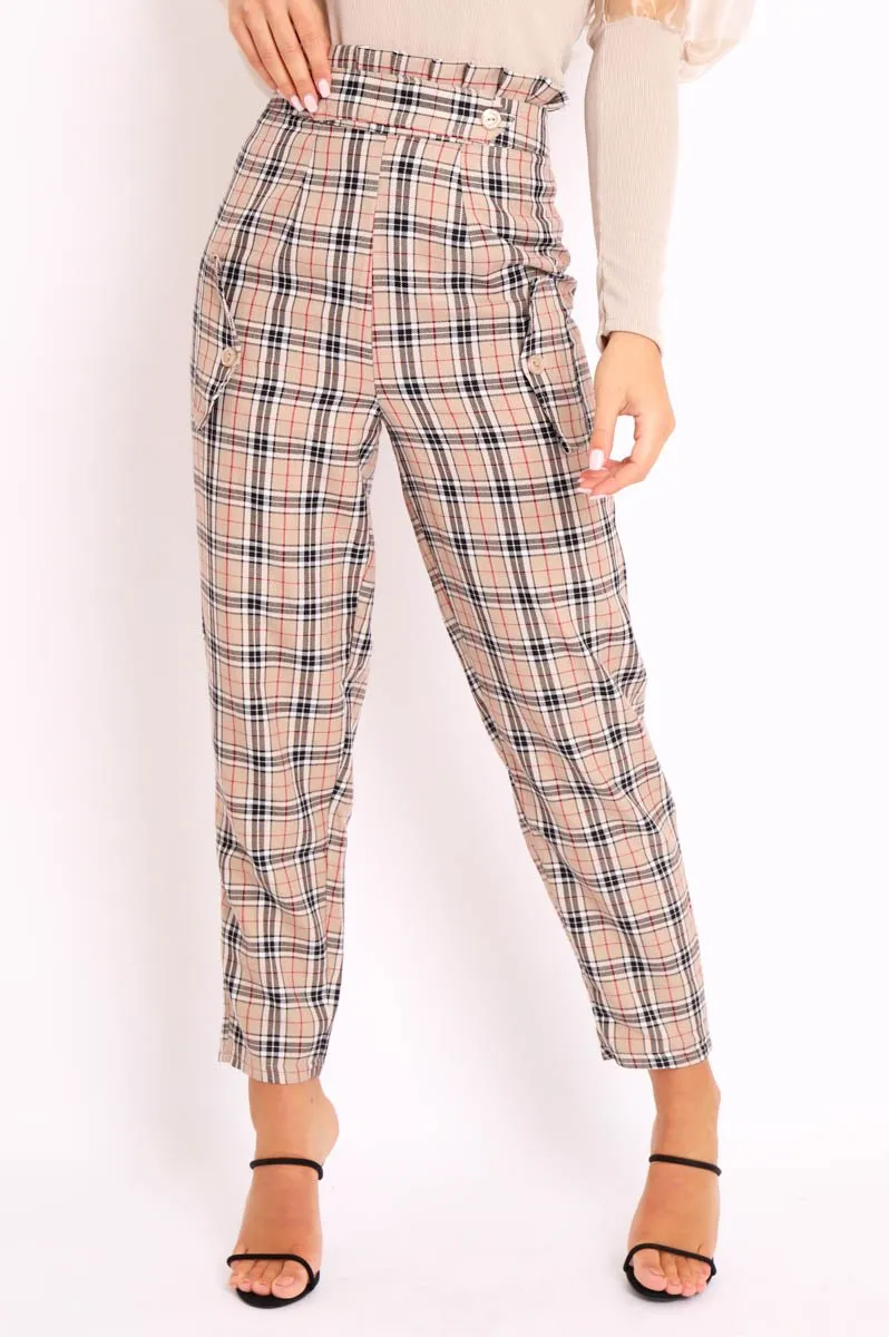 Beige Check Frill Detail Trousers - Bristal