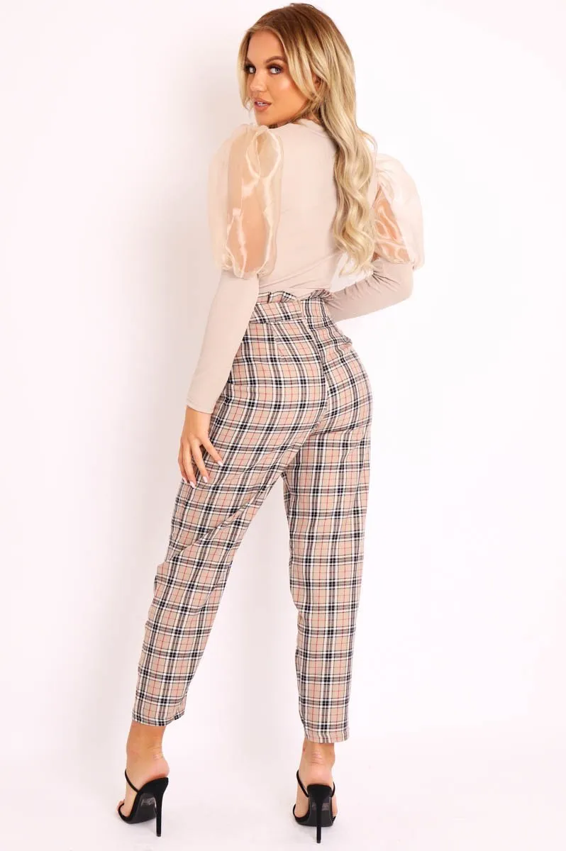 Beige Check Frill Detail Trousers - Bristal