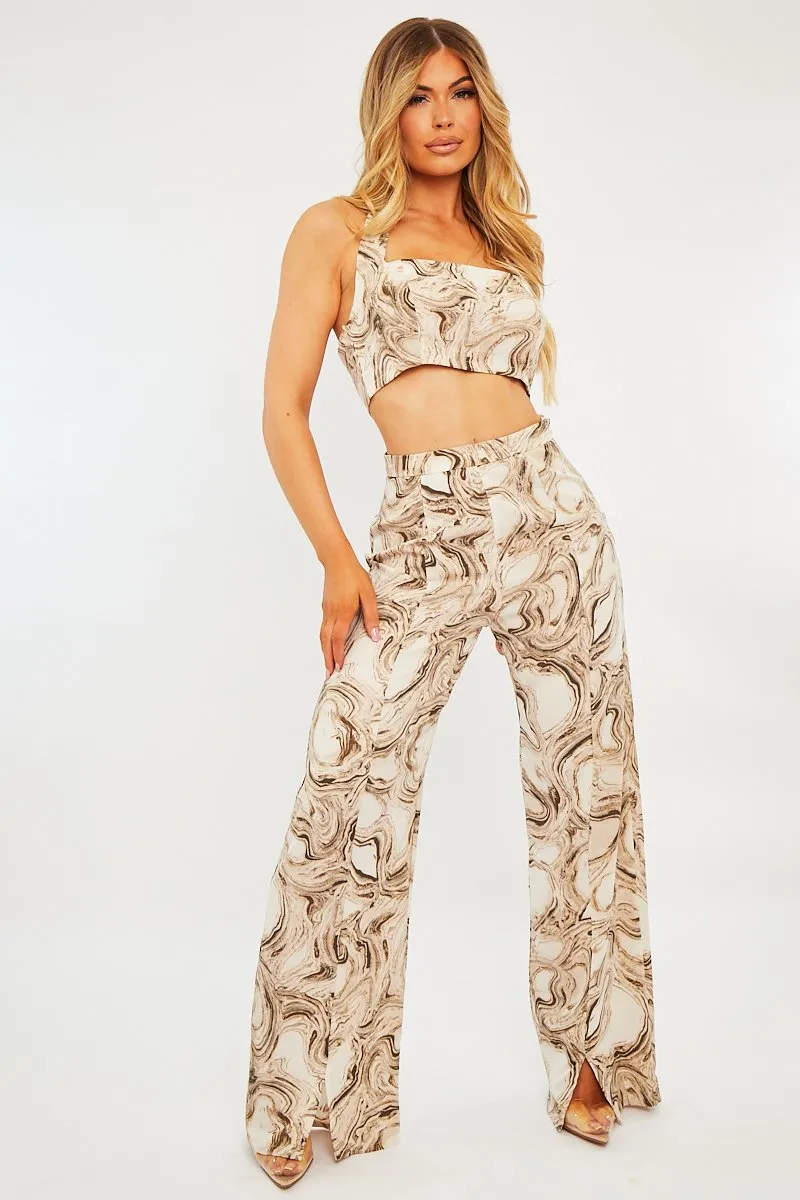 Beige Marble Halter Crop Trouser Co-ord - Delta