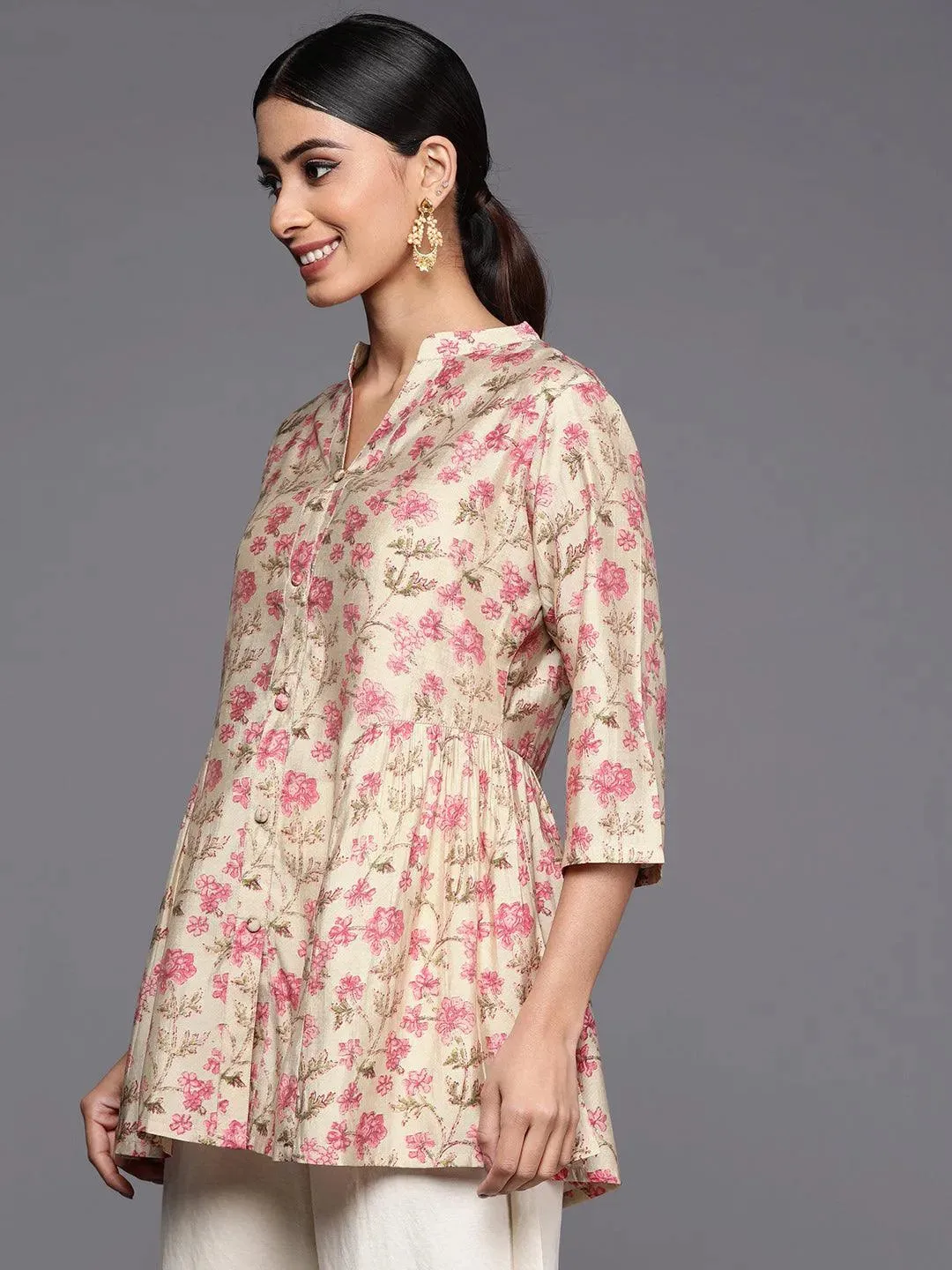 Beige Printed Silk Blend A-Line Kurti