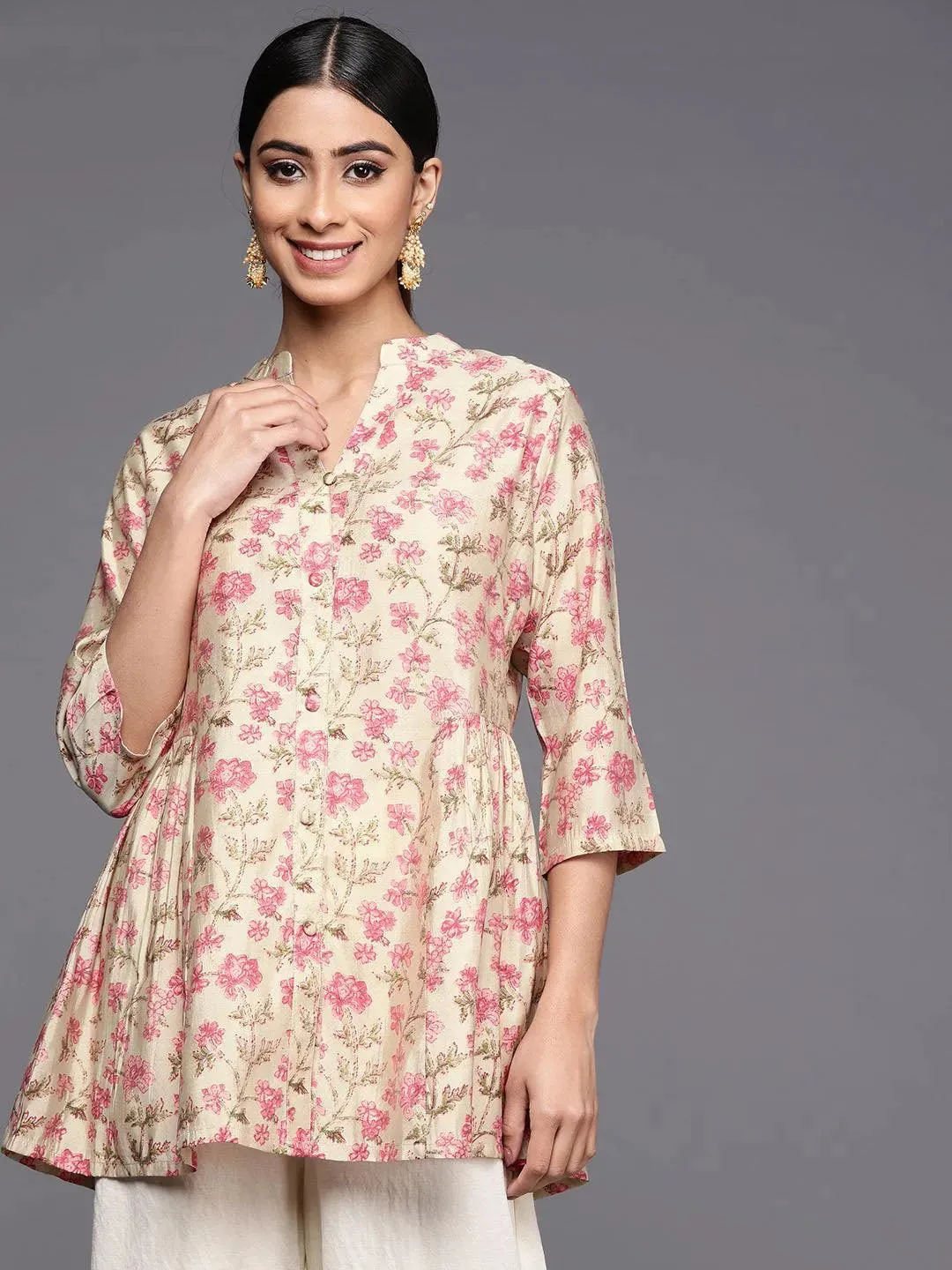 Beige Printed Silk Blend A-Line Kurti