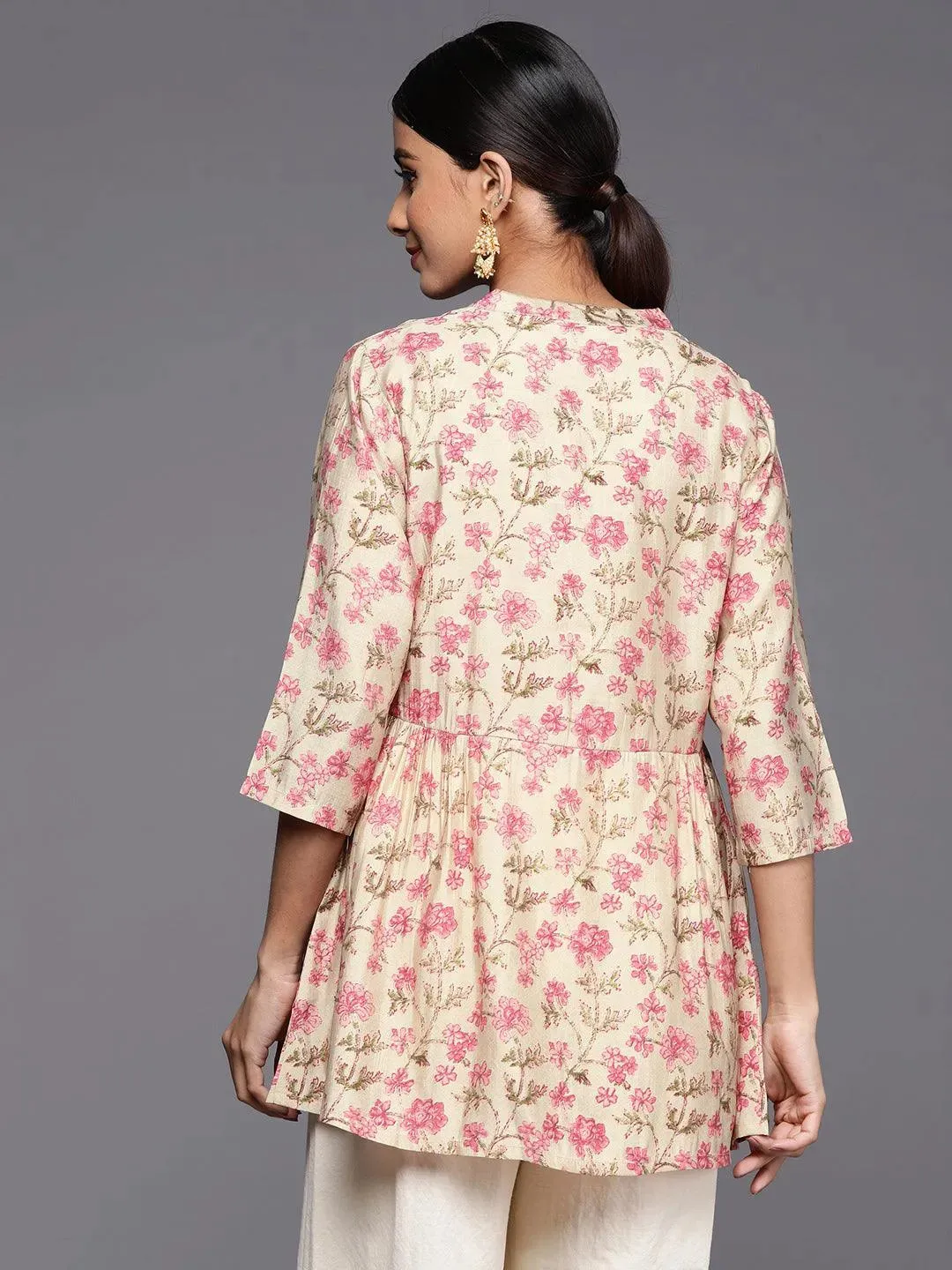 Beige Printed Silk Blend A-Line Kurti