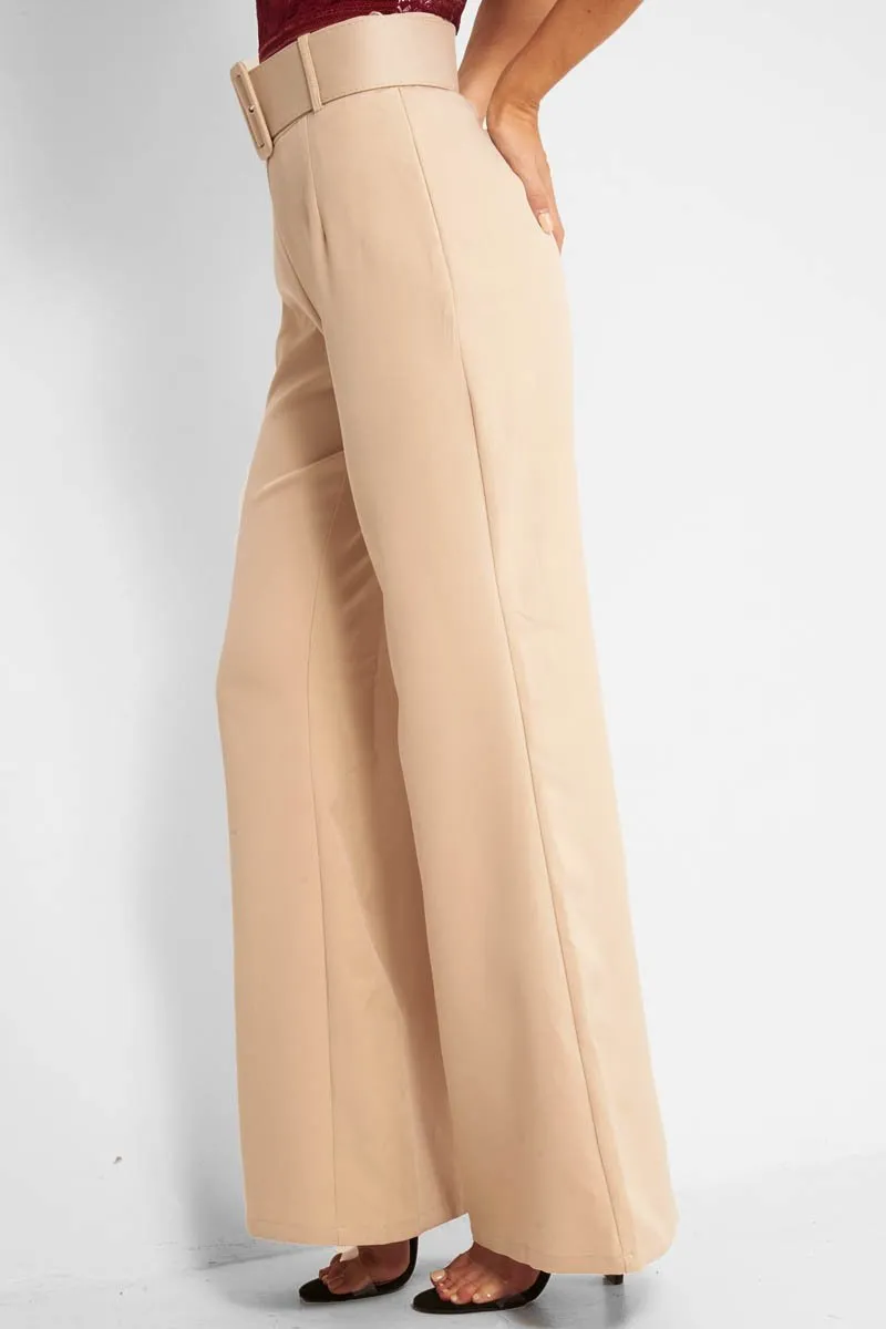 Beige Tailored Wide Leg Belted Trousers - Chenelle