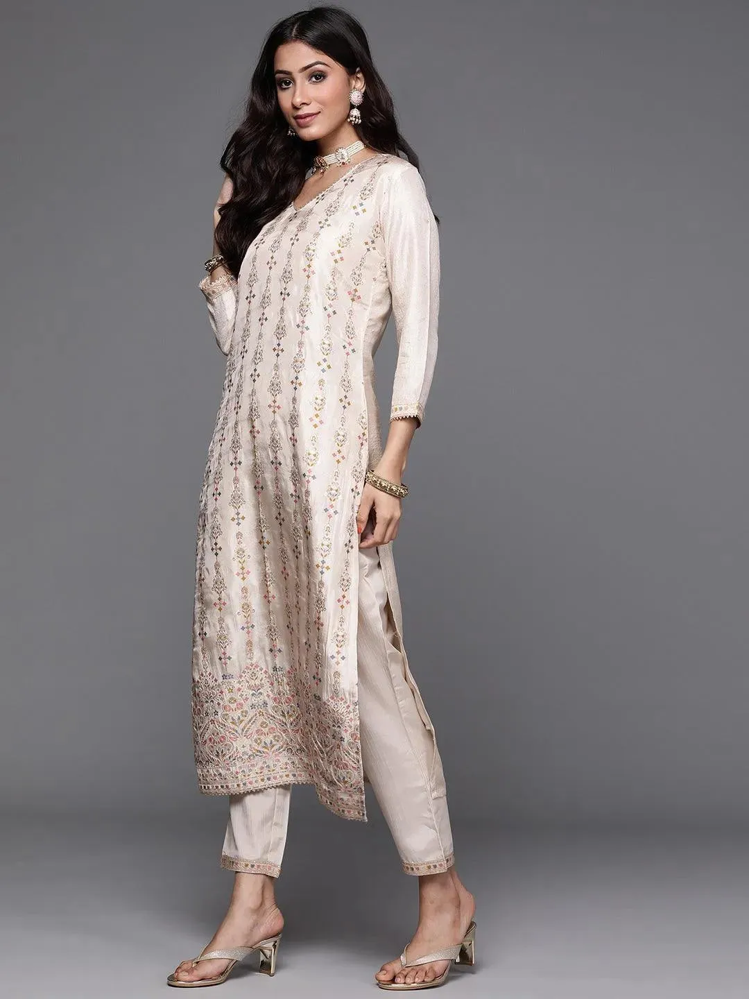 Beige Woven Design Silk Straight Kurta With Trouser & Dupatta