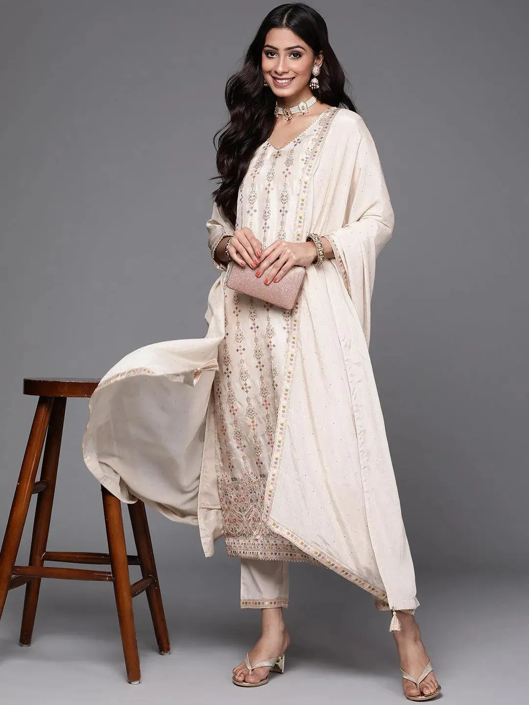 Beige Woven Design Silk Straight Kurta With Trouser & Dupatta