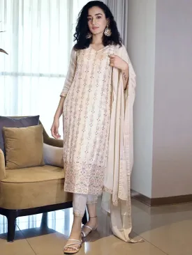 Beige Woven Design Silk Straight Kurta With Trouser & Dupatta