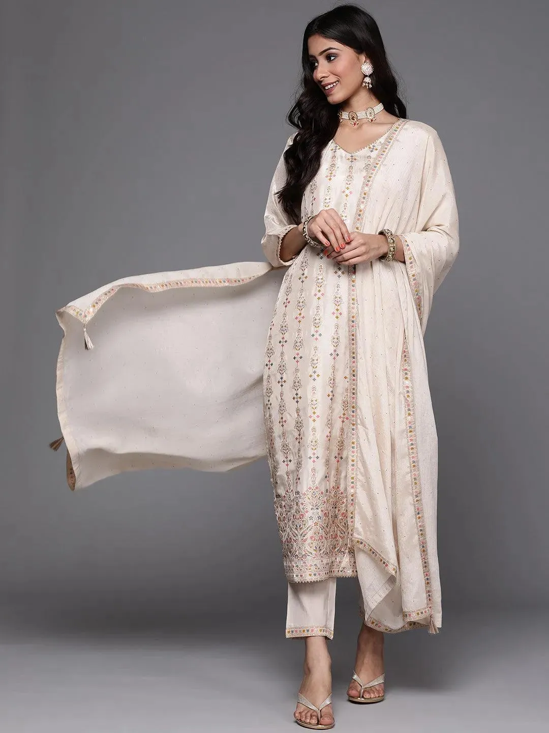 Beige Woven Design Silk Straight Kurta With Trouser & Dupatta