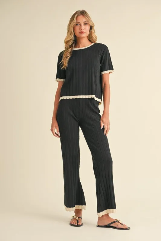 Belle Short Sleeve Ribbed Sweater Top And Pants Set Black