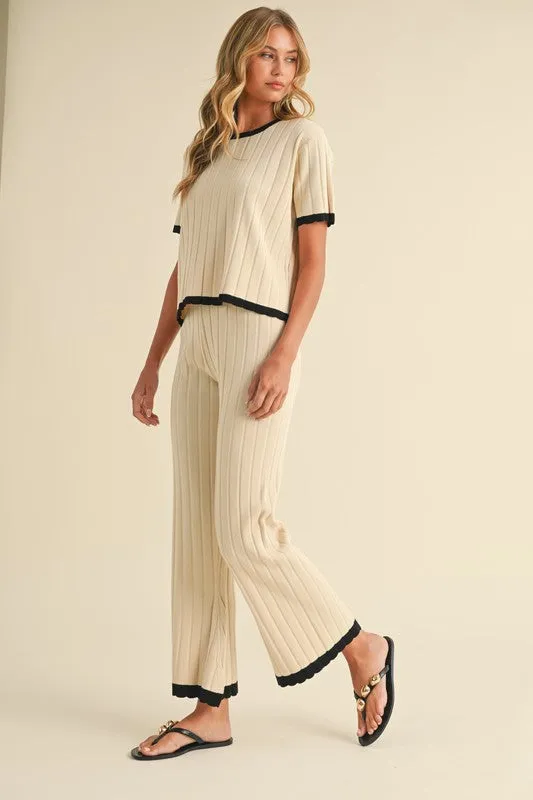 Belle Short Sleeve Ribbed Sweater Top And Pants Set Cream